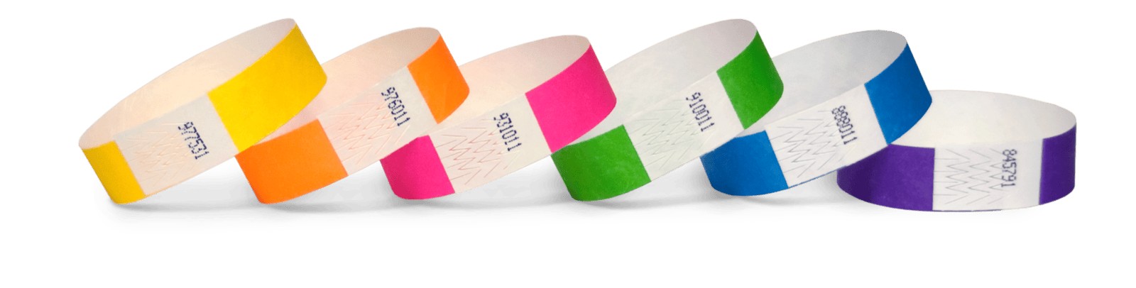 Seis pulseras Tyvek® cerradas en fila: amarilla, naranja flúo, fucsia, verde flúo, azul y violeta